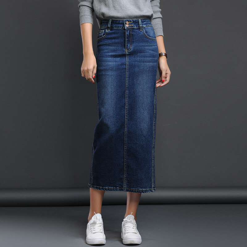 Lguc.H Classic Denim Skirt Woman Long Jeans Skirt Split High Waist Skirts Womens Women Skirt Washed Jupe Femme Black Blue 210306