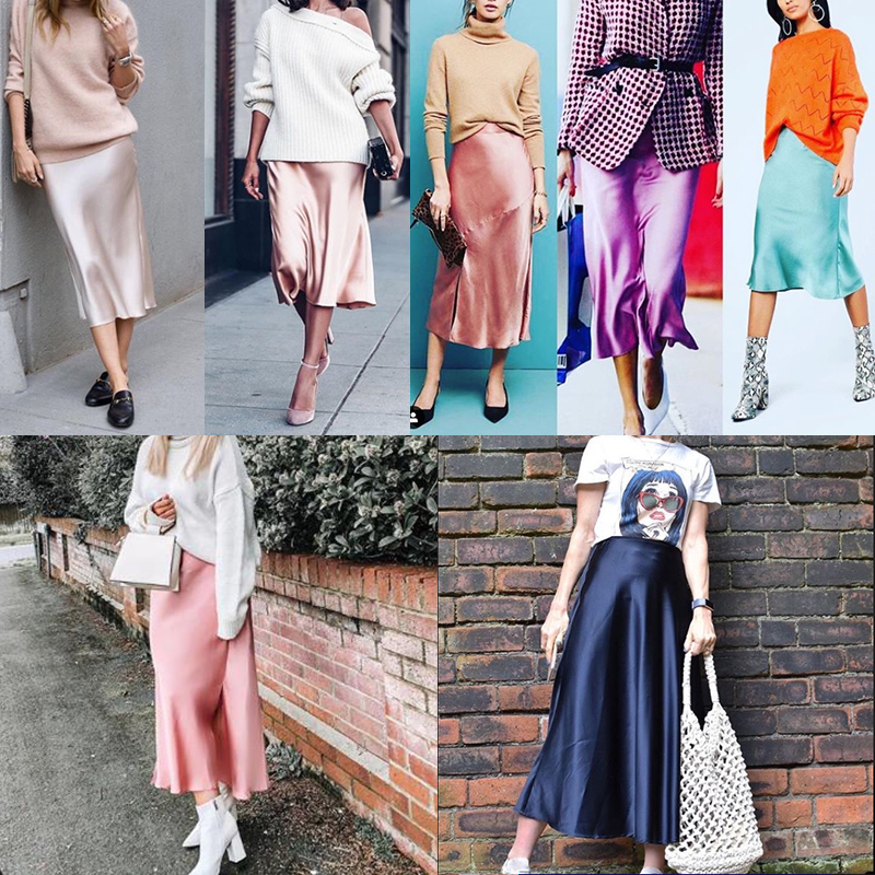 Women's Pink Green Silk Satin Skirt Vintage Korean Style Long High Waist Midi Skirt For Women A-Line Elegant Skirts Summer 210309