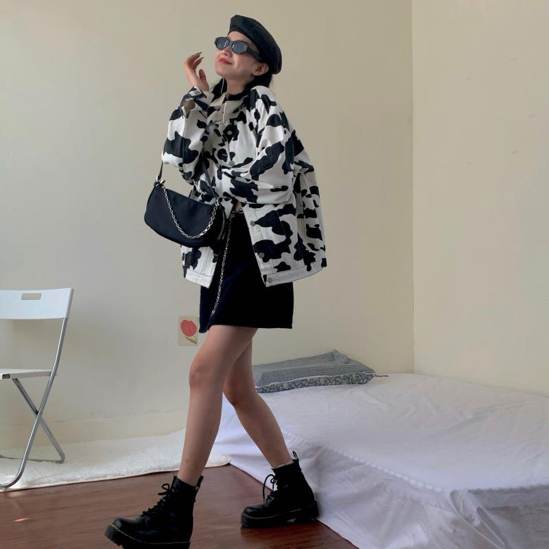 Women's Jackets Autumn Winter Women Jacket Cute Milk Cow Pattern Print Turn-down Collar Coat Overcoat Girl Casual Outifts Outwear
