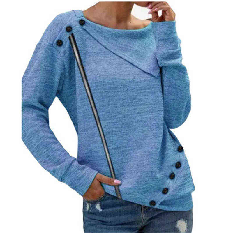 Autumn Winter Women Fashion Zipper Button Clothing Lady Round Neck Solid Color Long Sleeve Blouse ity Loose Casual Top 211108