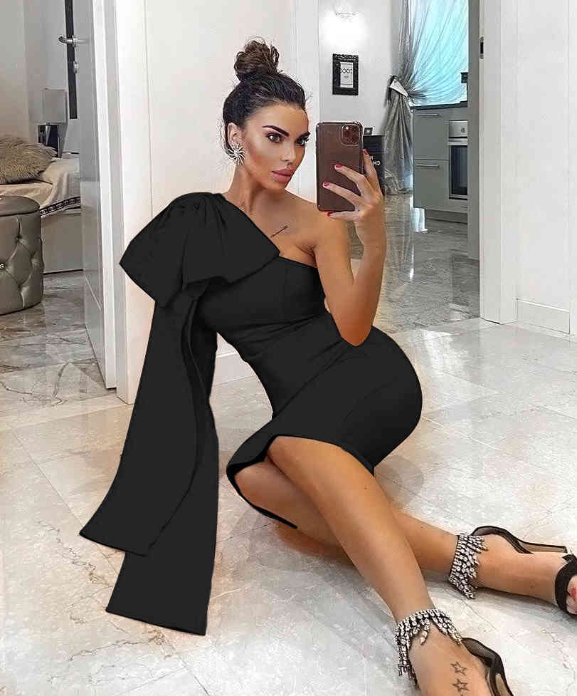 Aummer Women'S Fashion Sexy One-Shoulder Long-Sleeved Bow Elegant Celebrity Bandage Dress Bodyon Midi Vestidos 210525