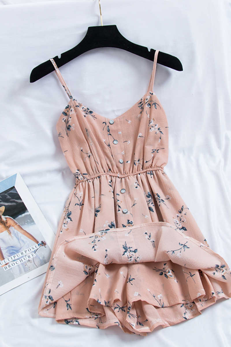 LY VAREY LIN Summer Spaghetti Strap Beach Playsuits Women Floral Ruffled V-neck High Waist Casual A-line Mini 210526