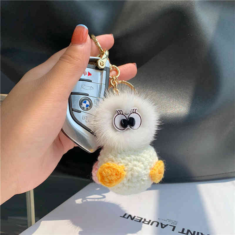 Real Mink Fur Ball Duckling Car Key Chain Pendant Cartoon Plush Fashion Bag Gift