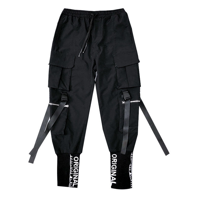 Men's Cargo Pants Hip-Hop Multi-Pocket Jogger Black Streetwear Ribbons Fashion Sweatpants Harem Casual 210810