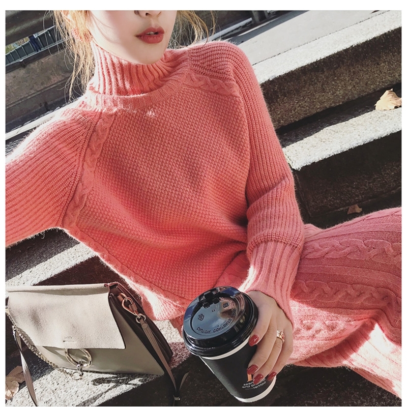 Twist Knitted 2 Piece Set Women Long Sleeve Turtleneck Pullover Sweater Split Pencil Skirt Set Lady Runway Knitting Skirt Suit