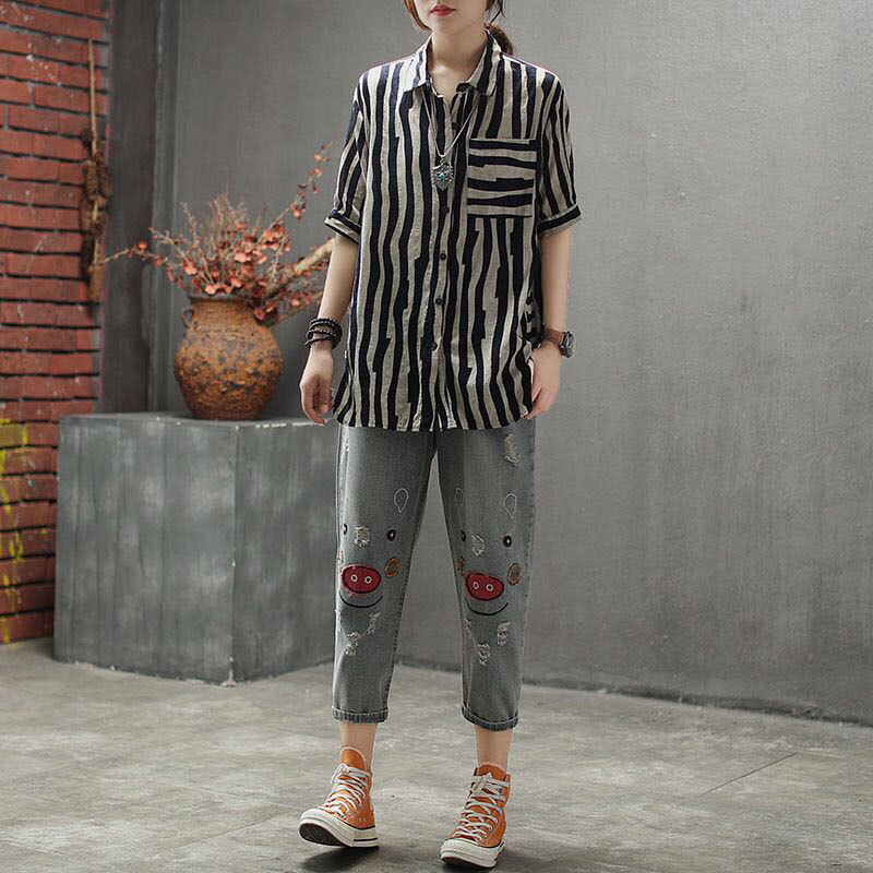 F&je New Arrival Women Shirts Plus Size Summer Vintage Striped Linen Blouse Turn-down Collar Female Loose Casual Ladies Tops D2 210225