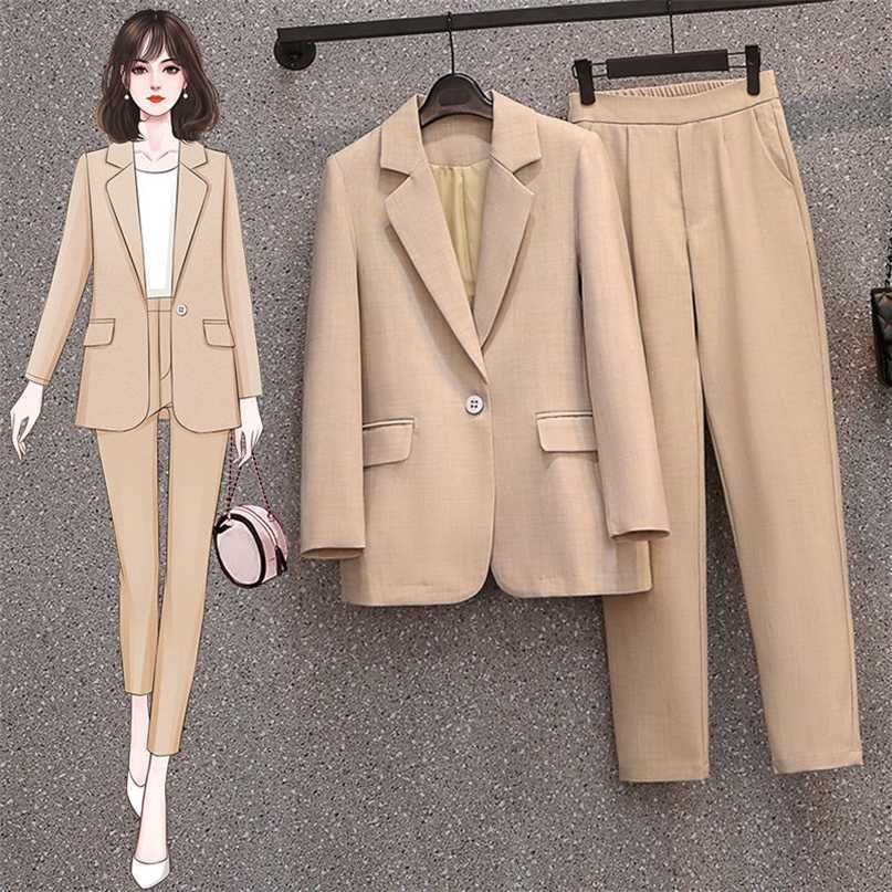 Two Pieces Set Women Single Breasted Long Sleeve Solid Color Office Blazer Jacket Elegant Slim Tops High Waist Pant Suits 211122