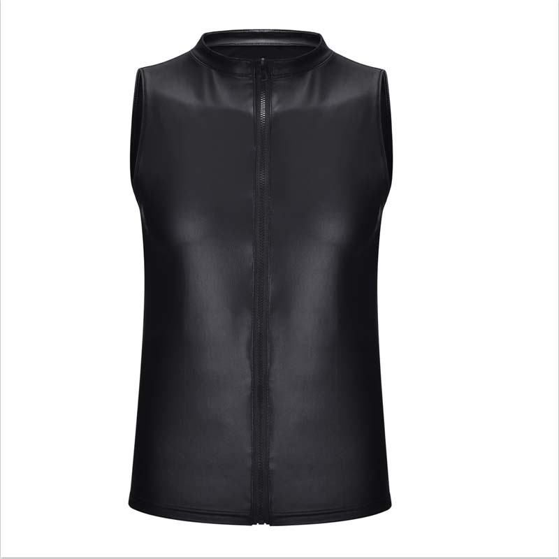 Mens Matt Leather Tank Tops Sexy Zipper Sleeveless Tops Man Stage Vest Sexy Party Clubwear 210308
