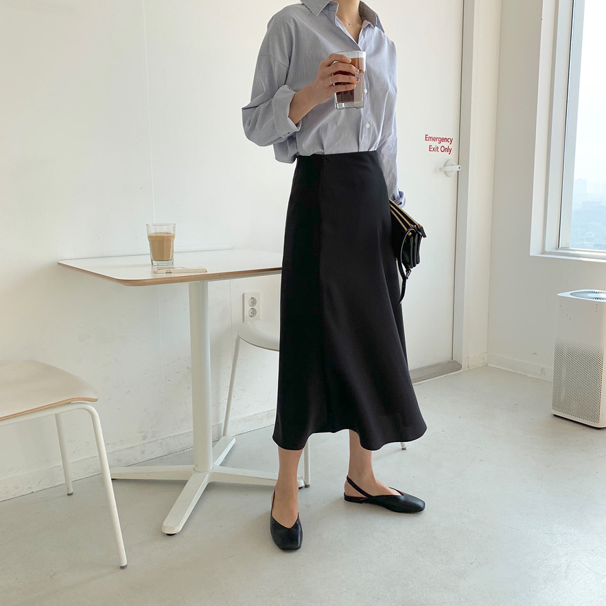 Korean Casual Skirts Women Silk Skirt Women Elegant Satin Long Skirts Office Lady High Waist Bodycon Skirt Faldas Mujer Moda 210306
