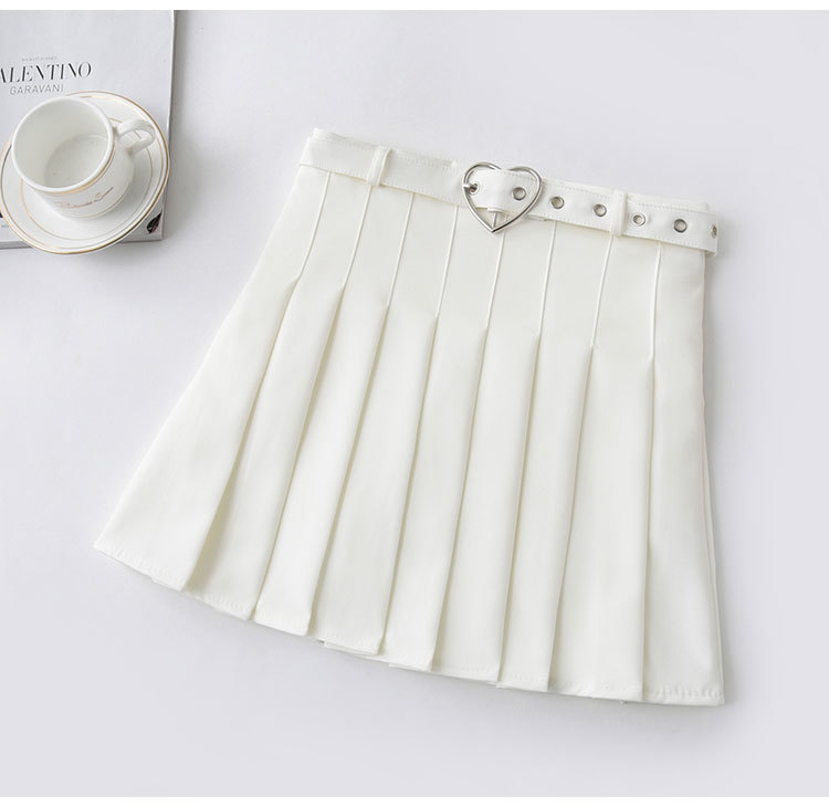 Harajuku HeartBuckle Belt Pleated Skirt Women School eGirl Cheerleading Belted Mini Skirt With Safe Shorts 210306