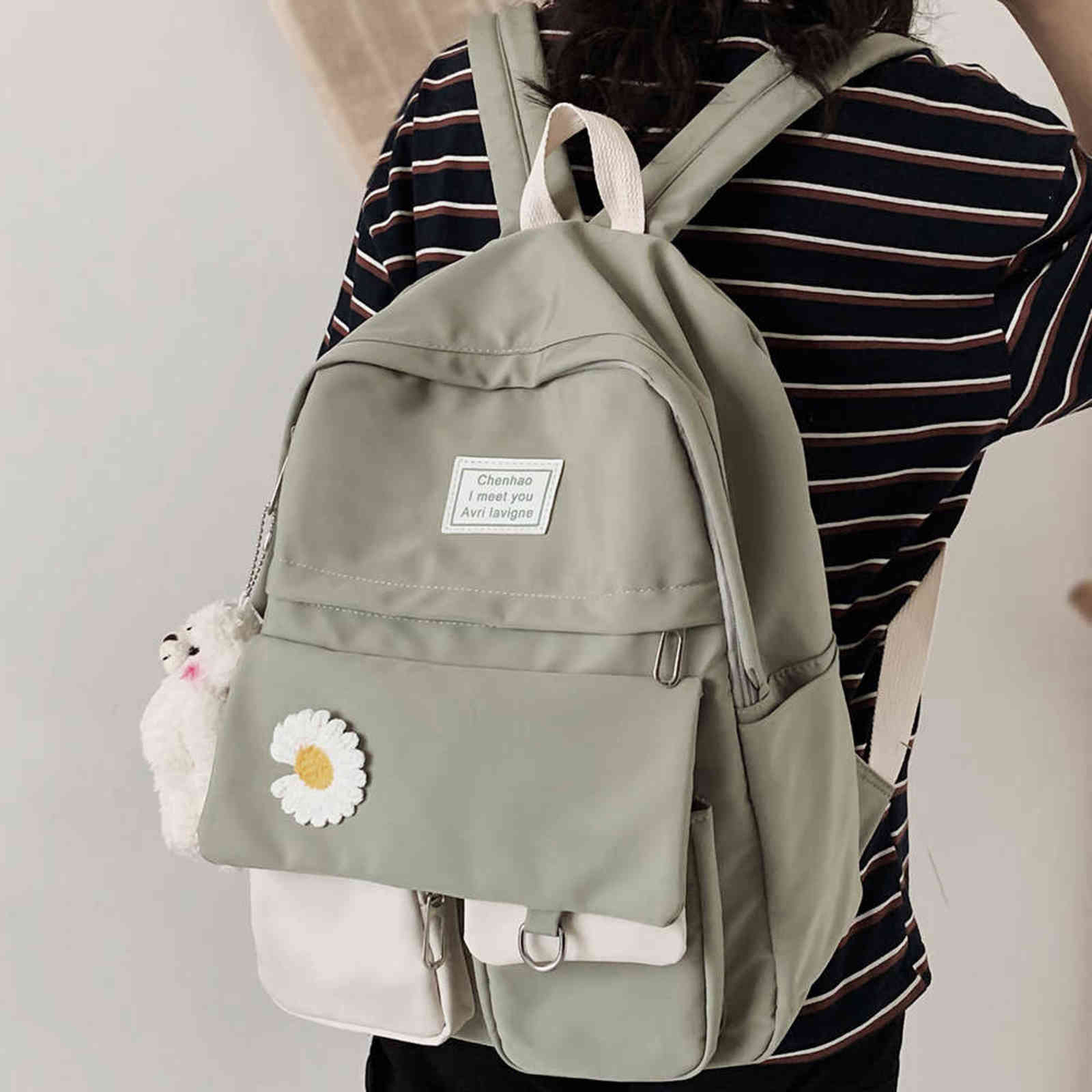 Girl College Student Backpack Cute Flower Nylon Women School Bag Lady Kawaii Backpack Female Fashion Bags Book Trendy Travel New Y1105