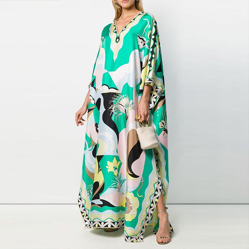 DEAT Vneck Flare Sleeves Colorful Printed Floor Length Pullover Loose Plus Size Spring And Summer Dress Female WK74111L 201008