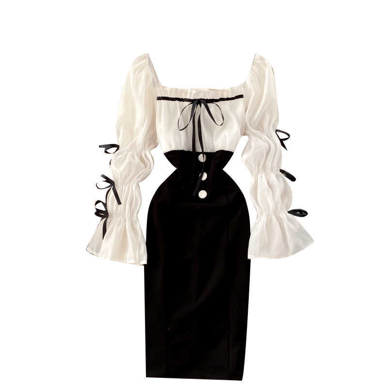 Women Fashion Autumn Winter Square Neck Long Flare Sleeve Slim Party Dress Casual Clothes Vestidos Q623 210527