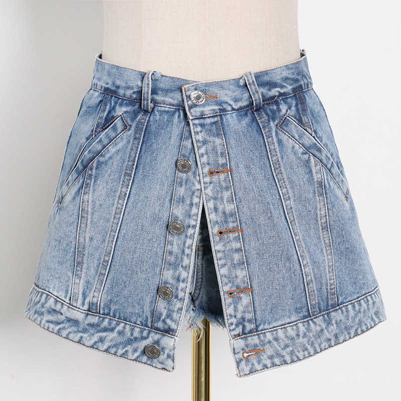 TWOTWINSTYLE Casual Patchwork Button Tassel Short For Women High Waist Mini Denim Skirts Shorts Female Fashion 210714
