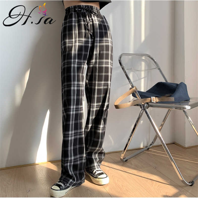 H.SA Women Spring Plaid Trousers Baggy Long Pants Lady Oversized Wide Leg Plaid Pant Casual High Waist Women Pantalon Femme 210716