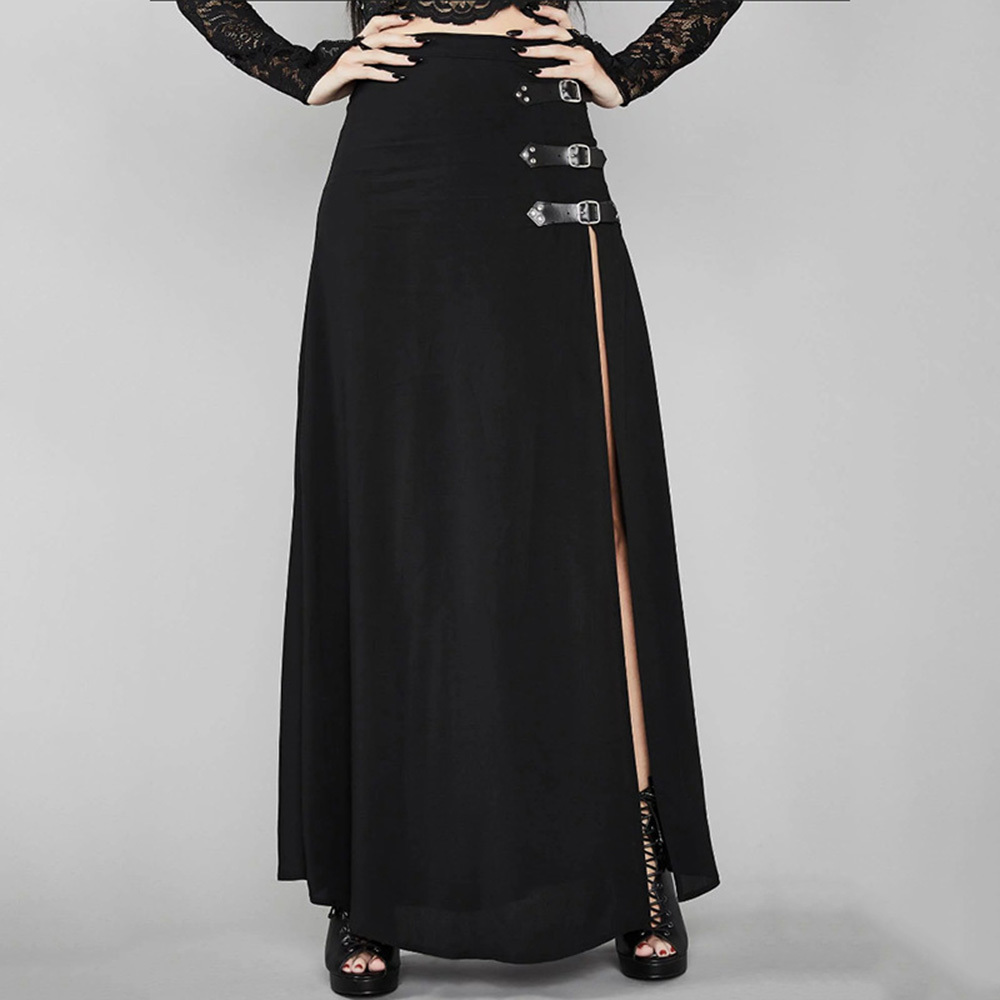 Rosetic Sexy Punk Women Maxi Skirt High Waist Split Buckle Gothic Black Vintage Party Red Elegant Long Skirts Fall 210306