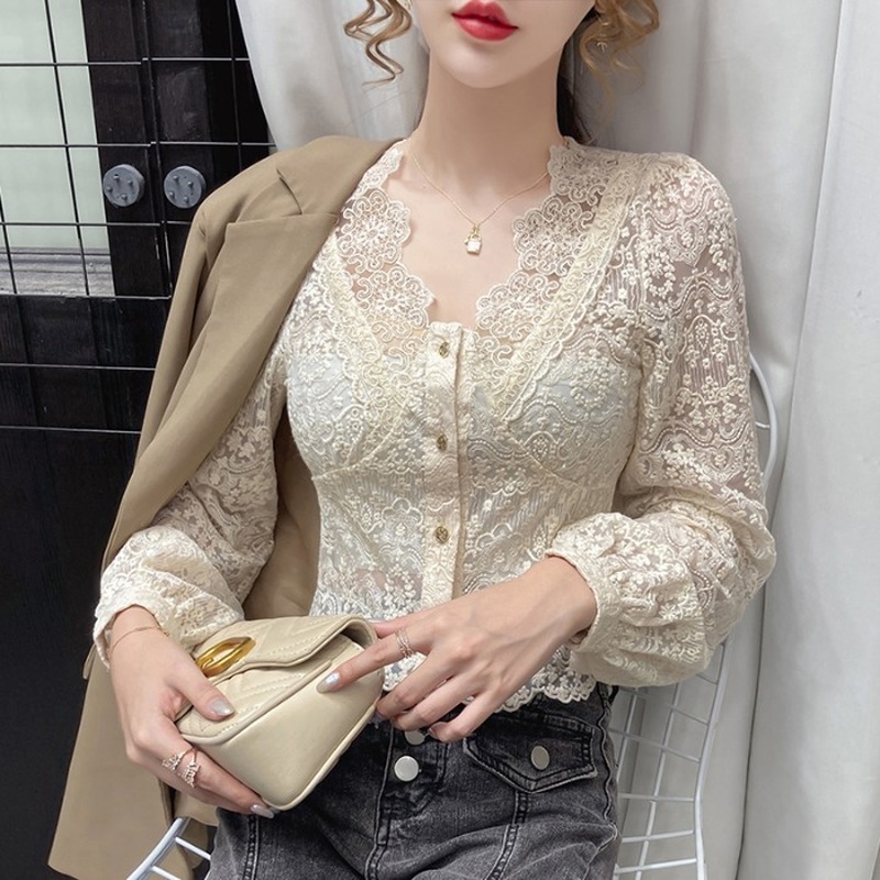 Autumn Sexy V-Neck Lace Patchwork Blouse For Women Hollow Out Long Sleeve Chiffon Shirt Female Beige Short Tops Blusas 210308