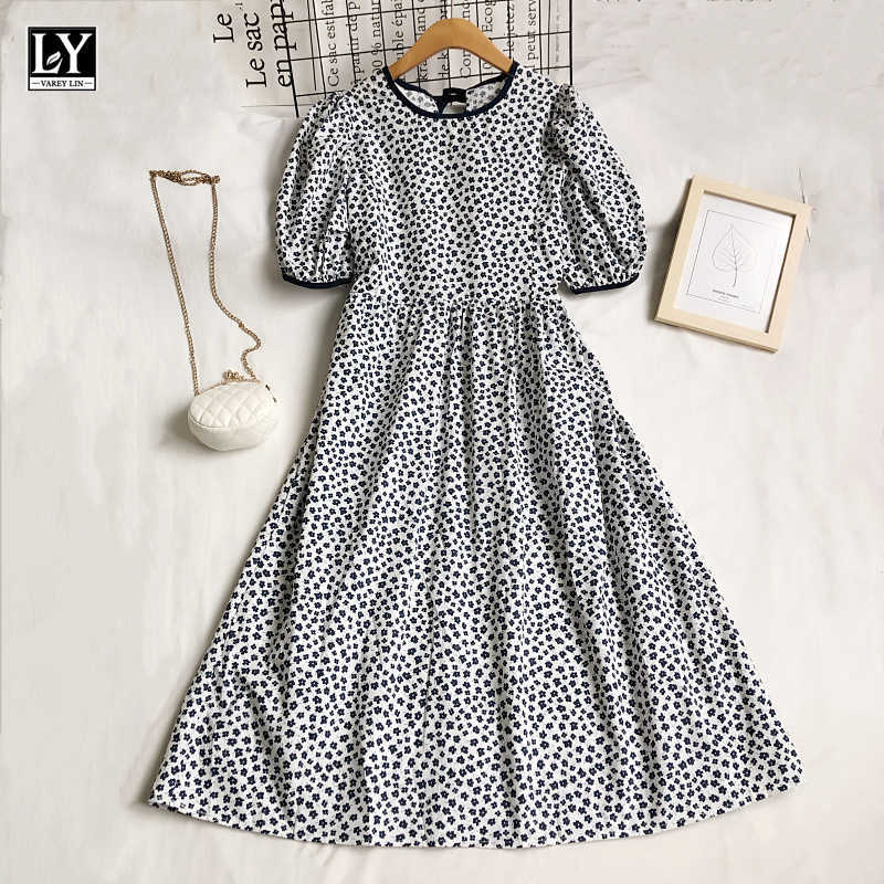 LY VAREY LIN Summer Women Sweet High Waist Bandage A-line Medium Length Dress Casual O-neck Puff Sleeve Floral Dresses 210526