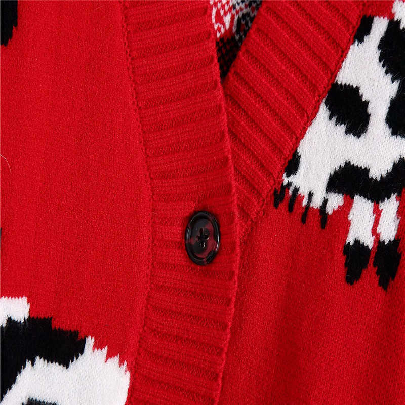 ZA Animal Print Red Knit Cardigan Women Long Sleeve V Neck Loose Cute Sweater Woman Fashion Plus Size Knitted Long Top 210602