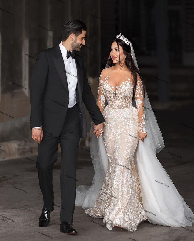 Princess Lace Mermaid Wedding Dresses Two Pieces Illusion Bridal Gowns Arabic Aso Ebi Long Sleeves Detachable Train Marriage