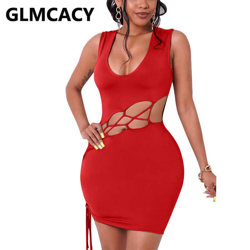 Women Sleeveless U-neck Hollow Out Bodycon Mini Dress 210702