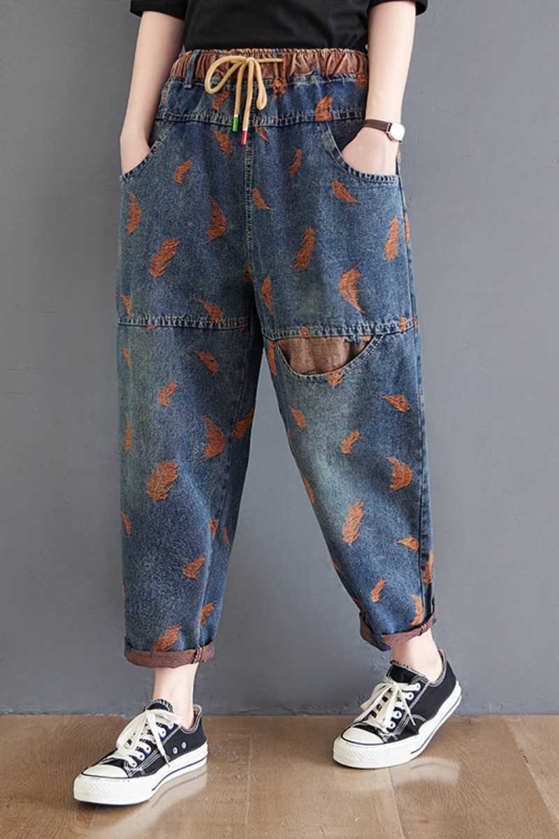 Oversize Jeans For Women Spring Street Feather Embroidery Color Contrast Loose Thin Drawstring Pocket Elastic Waist Denim Pants 210922