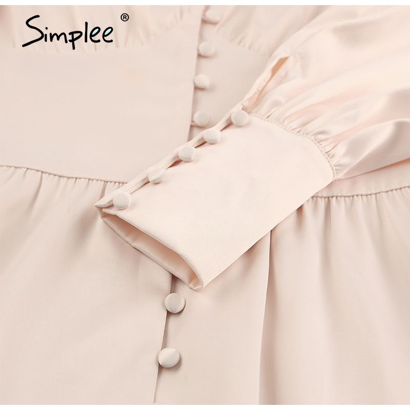 Elegant spring satin bishop sleeve aline dres Vneck high waist button dress solid Vintage long dresses chic 210309