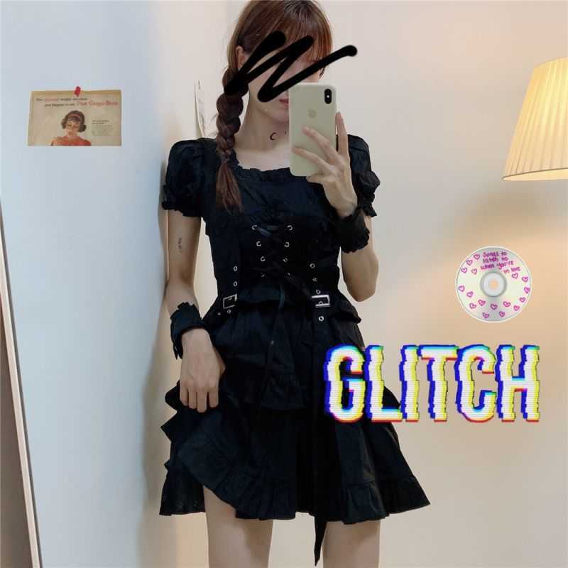 QWEEK Women's Gothic Lolita Dress Punk Mall Goth Kawaii Cute Ruffle Bandage Black Mini Emo Clothes Summer 210623