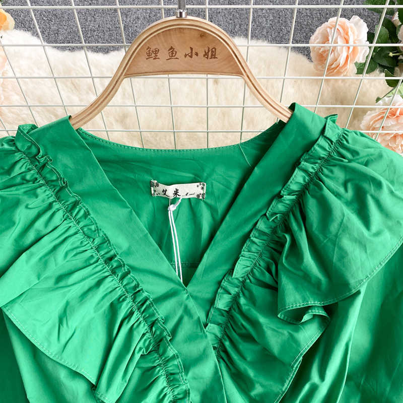 DEAT Women Ruffles 11D1300 Dress V- Neck Short Sleeve Arrivals Lady Temperament Fashion Spring Summer 11D1300 210709
