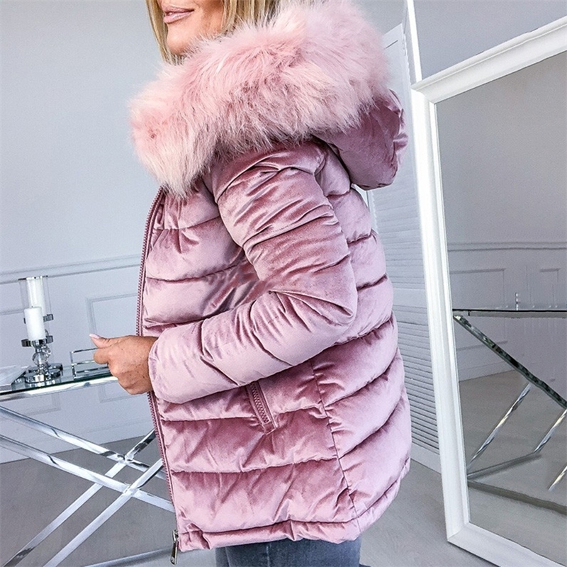 Winter Velvet Jacket Coat Women Cotton Padded Jackets Gray Pink Plus Size 4XL Hood Fur Collar Thick Fashion Basic Snow Outerwear