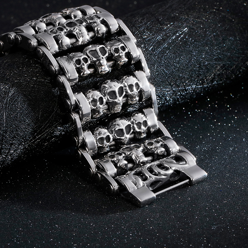 New Fashioh Hip Hop Wide Skull Stainless Steel Bracelets Metal Biker Viking Charm Large Argent Men Bracelet Bangle Jewelry Gift for Men