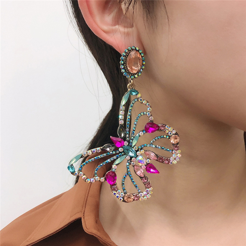 Big Statement Butterfly Studs Earring Baroque Women Colorful Rhinestone Diamond Drop Earrings Gifts Fashion Animal Design Street Party Charm Jewelry A
