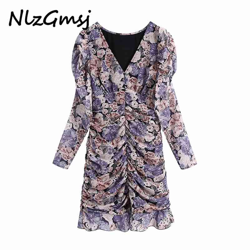 

Dres Draped Floral Printed Purple Mini Long Sleeve Ruched Chiffon Ruffle Ladies Vintage 210628, As picture