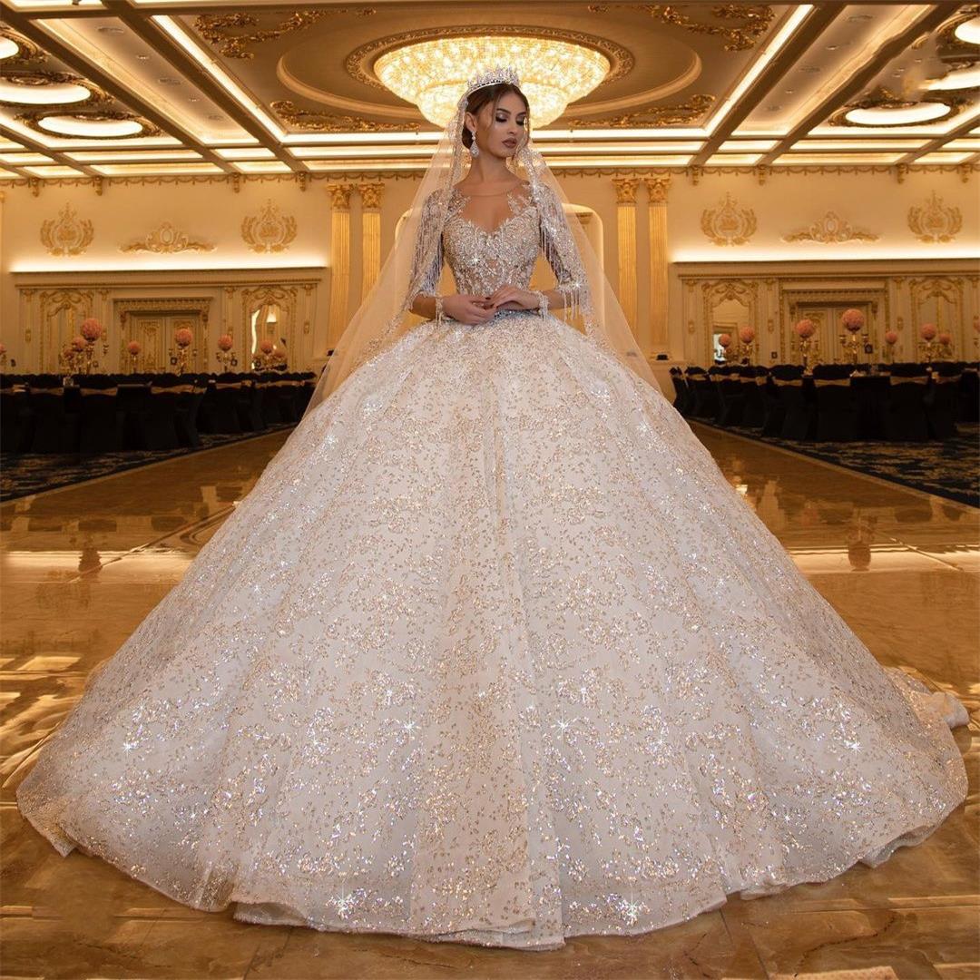 Glitter 2022 Lace Ball Gown Wedding Dresses Jewel Neck Tassels Sparkle Bridal Gowns Plus Size Customise Vintage Vestido De Novia S 0220