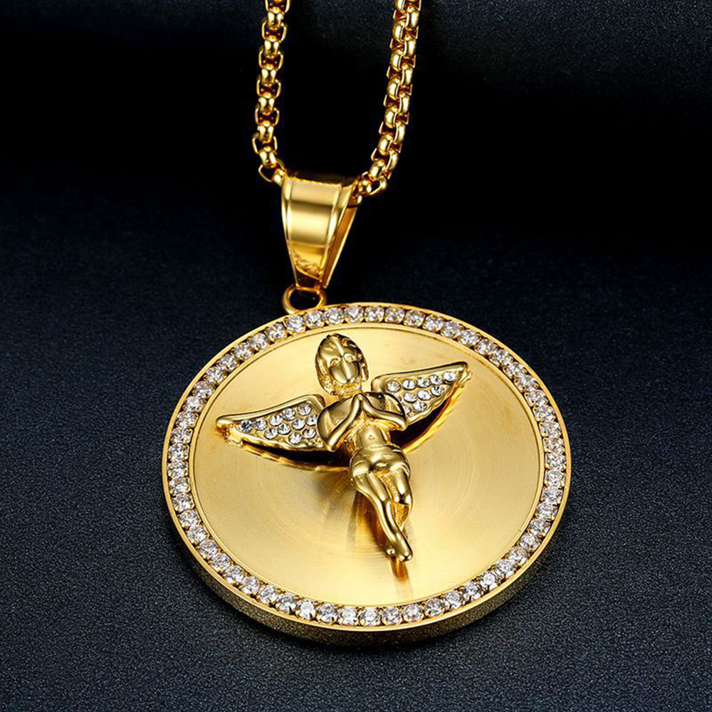 Mens Stainless Steel Angel Pendant Necklace Hip Hop White Zircon Bling 18K Gold Plated Religious Jewelry