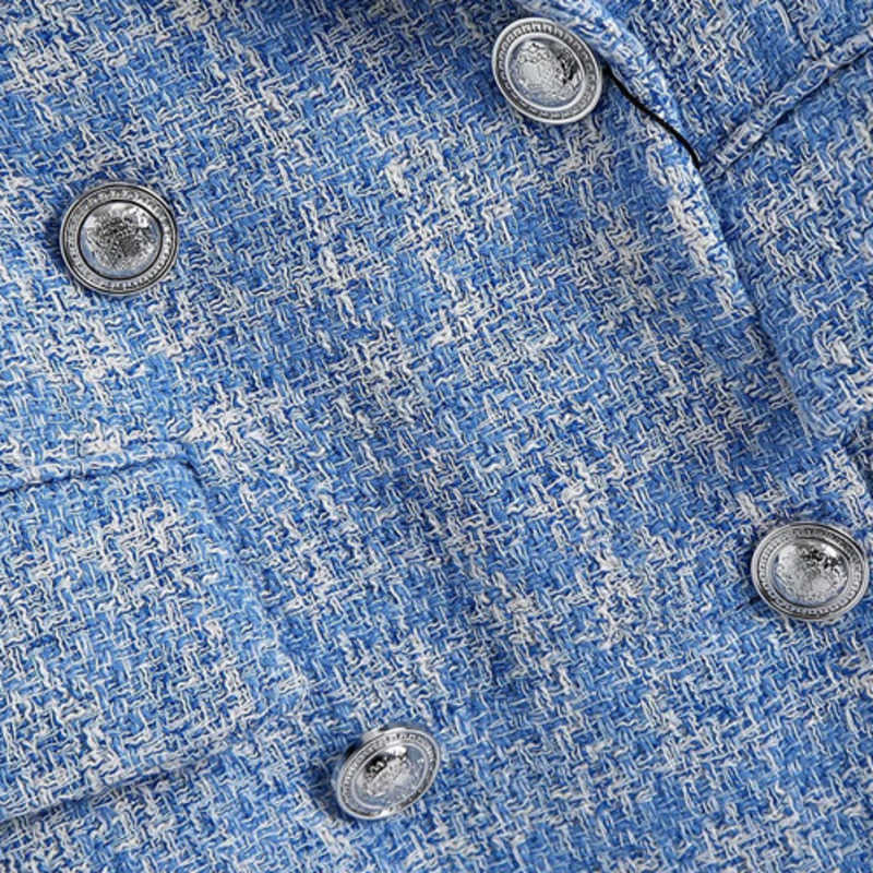 Fashion Double Breasted Tweed Check Women Blazer Coat Vintage Long Sleeve Flap Pockets Female Outerwear Chic Tops 210928