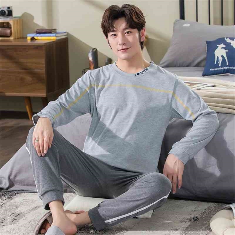 Men's Pajama Sets Autumn Winter Warm Men Sleepwear Set Long Sleeve Cotton Pajamas for Men Elastic Waist Pant Leisure Outwear 210812