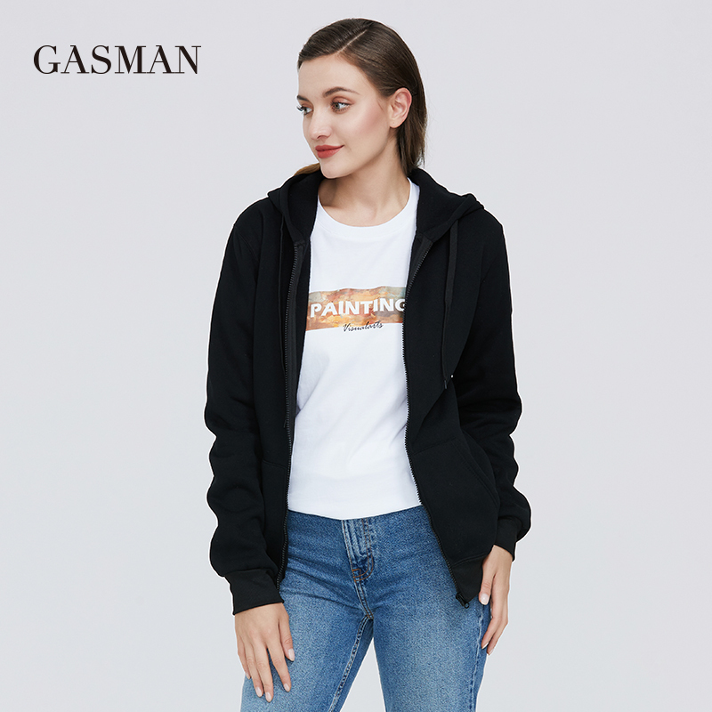 GASMAN Clothes casual solid hoodies sweatshirts Women's hoodies zipper long sleeve winter Female pocket hooded sweatshirts 201216