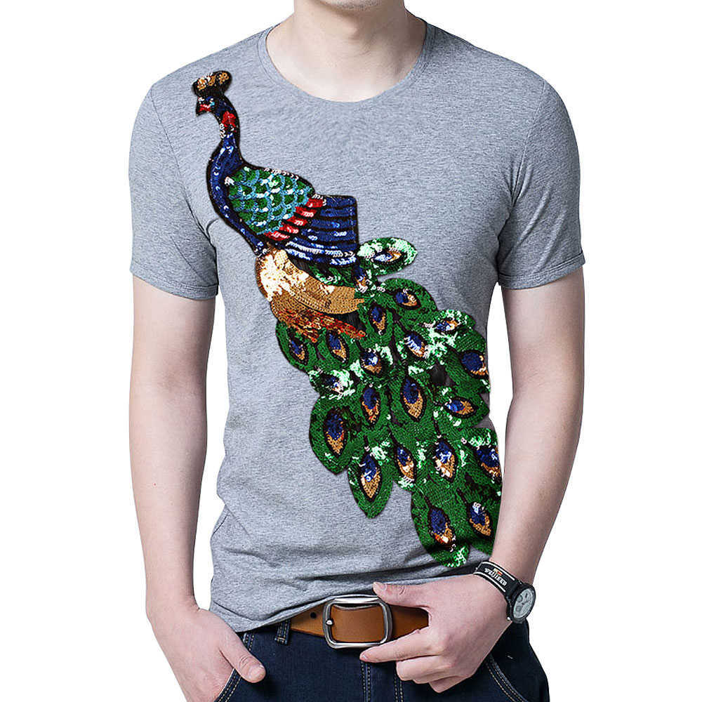 Summer Elegant T-shirt Men's Peacock Sequined Sequins T shirts Men Fashion Cotton Tops Tee Shirt Male Sakura Clothes 210707