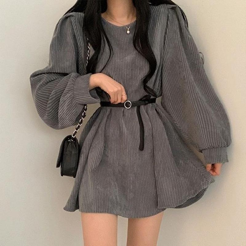 Casual Dresses Puff Sleeve Dress Plus Size Mini Long Autumn Winter Woman Vintage Lolita Black Brown Party For Women 2021