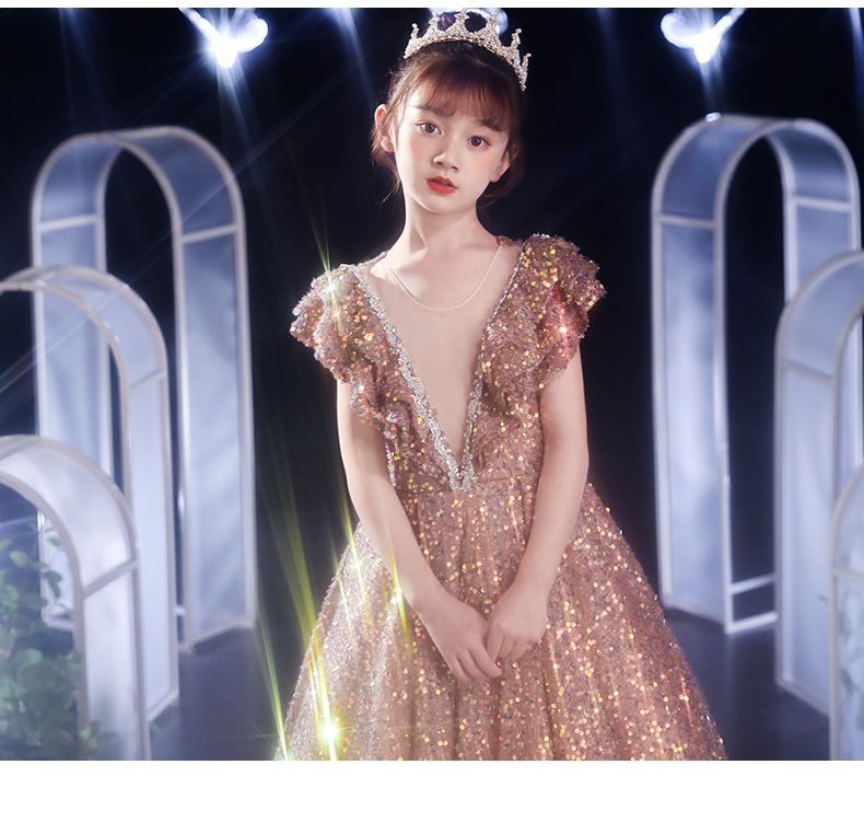 Gold Sequin Toddler Ball Gowns Girls Pageant Jewel Long Deep V Neck Formal Kids Party Gown Flower Girl Dresses For Weddings 403