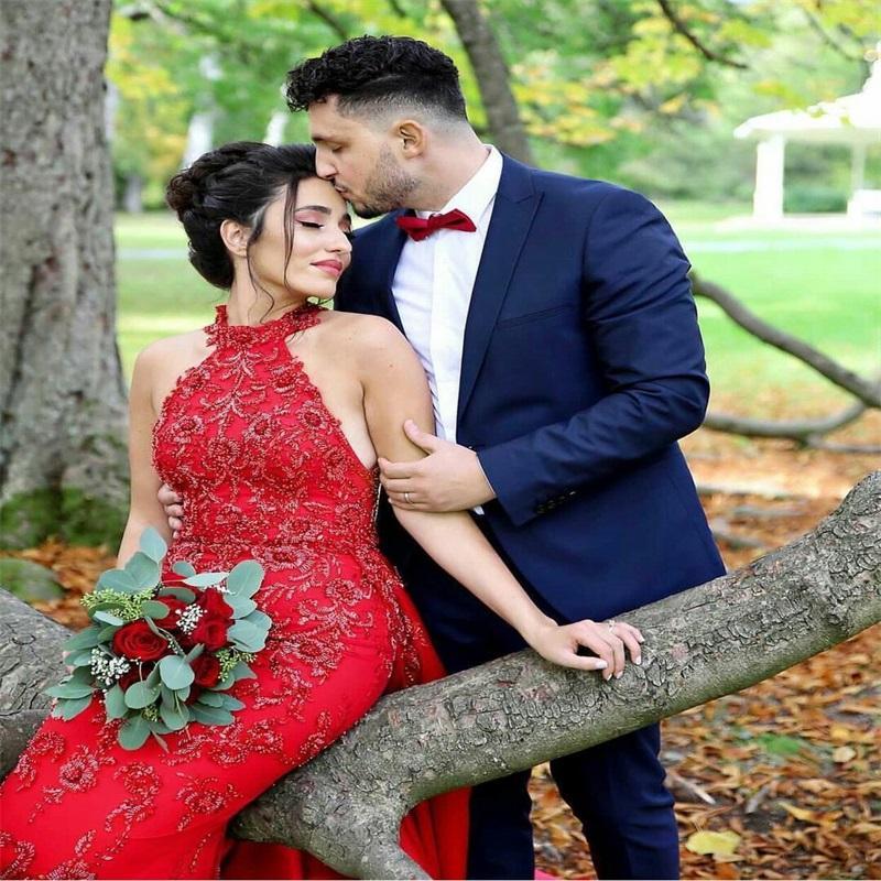 Elegant Red Mermaid Formal Evening Dresses With Overskirt Lace Appliques Beads Long Satin Reception Prom Gowns Court Train Arabic Dubai Special Occasi
