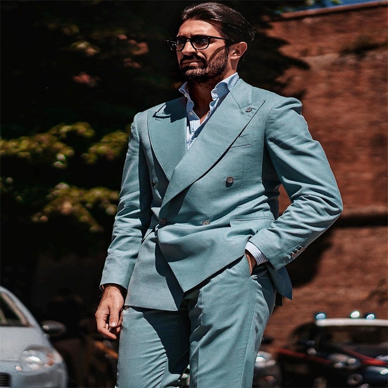 Blue Two Pieces Men Suits Custom Made Formal Spring Suits Double Breasted Tuxedos Peaked Lapel Blazer Business Coat+Pant