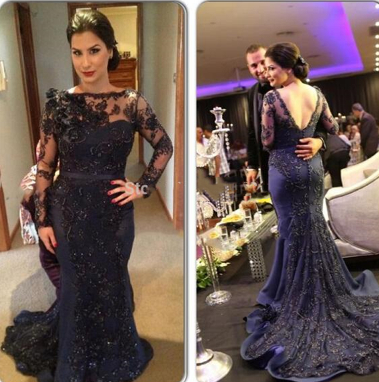Vintage Lace Mermaid Evening Dresses 2023 Navy Blue And Black Sheer Long Sleeves Backless Arabic Formal Party Gowns Fashionable Prom Dress Engagement 