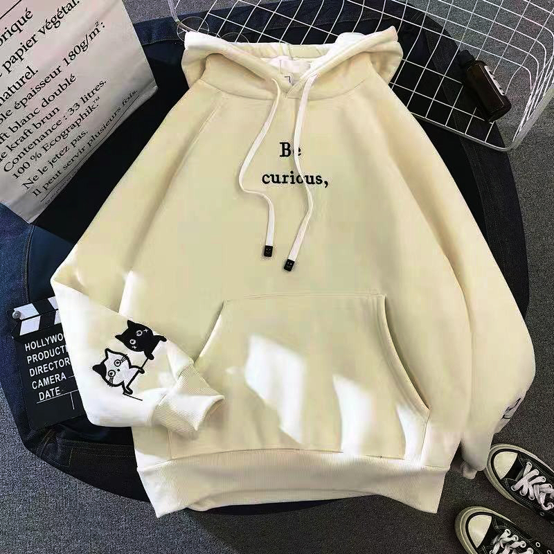 Harajuku Cute Cat Women Hoodies Long Sleeve Spring Autum Fleece Hooded Sweatshirts Be Curious Letters Pocket Pullover Woman Tops 201201