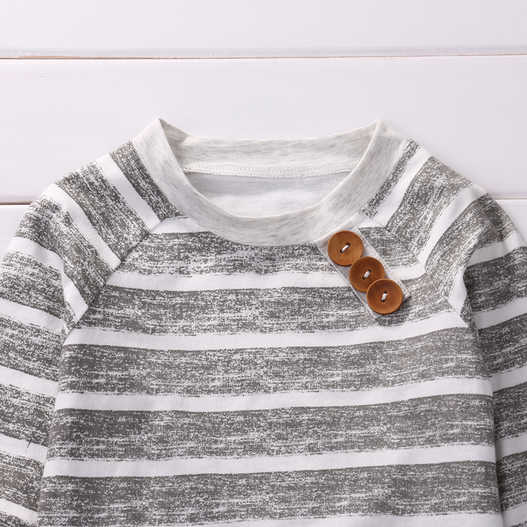 3 piece Long Sleeve Stripe Buttons Decor Sweatshirt TopStriped Pant with Hat Set For Baby Boy Autumn Clothes, Gray
3 piece Long Sleeve Stripe Buttons Decor Sweatshirt TopStriped Pant with Hat Set For Baby Boy Autumn Clothes, Gray