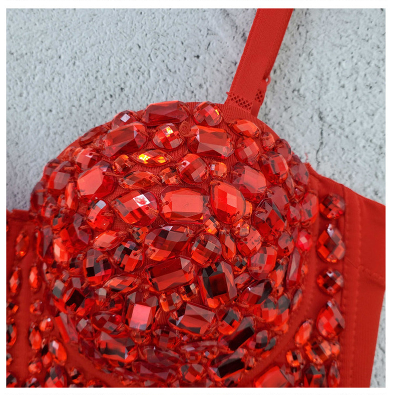 Women Sexy Rhinestone Crop Top Red Black Bustier Camis Rave Festival Night Club Party Corset Sleeveless Vest 210308