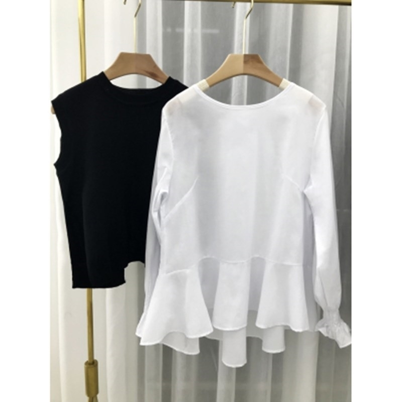 Spring Women Ruffled Long Sleeve Shirt+O Neck Pullover Sleeveless Vest Office Casual Knitted Vests Two Pieces Set T9D924M 210707