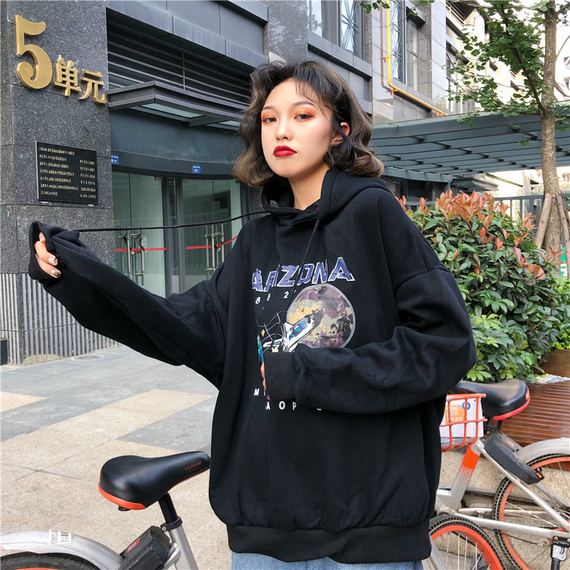 Paris Girl Women Loose Restore Star Airship Printing Black Thin Pullover O-neck Hoddie Sweatshirt Girls White Gray Hoodies T200407