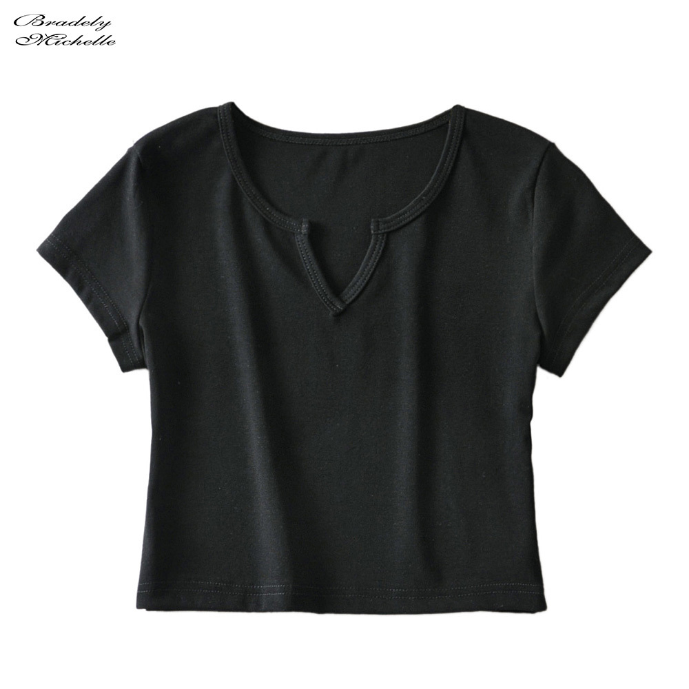 Bradely Michelle Summer women casual basic crop top high-quality Elastic solid cotton short sleeve v-neck harajuku t shirt 210306